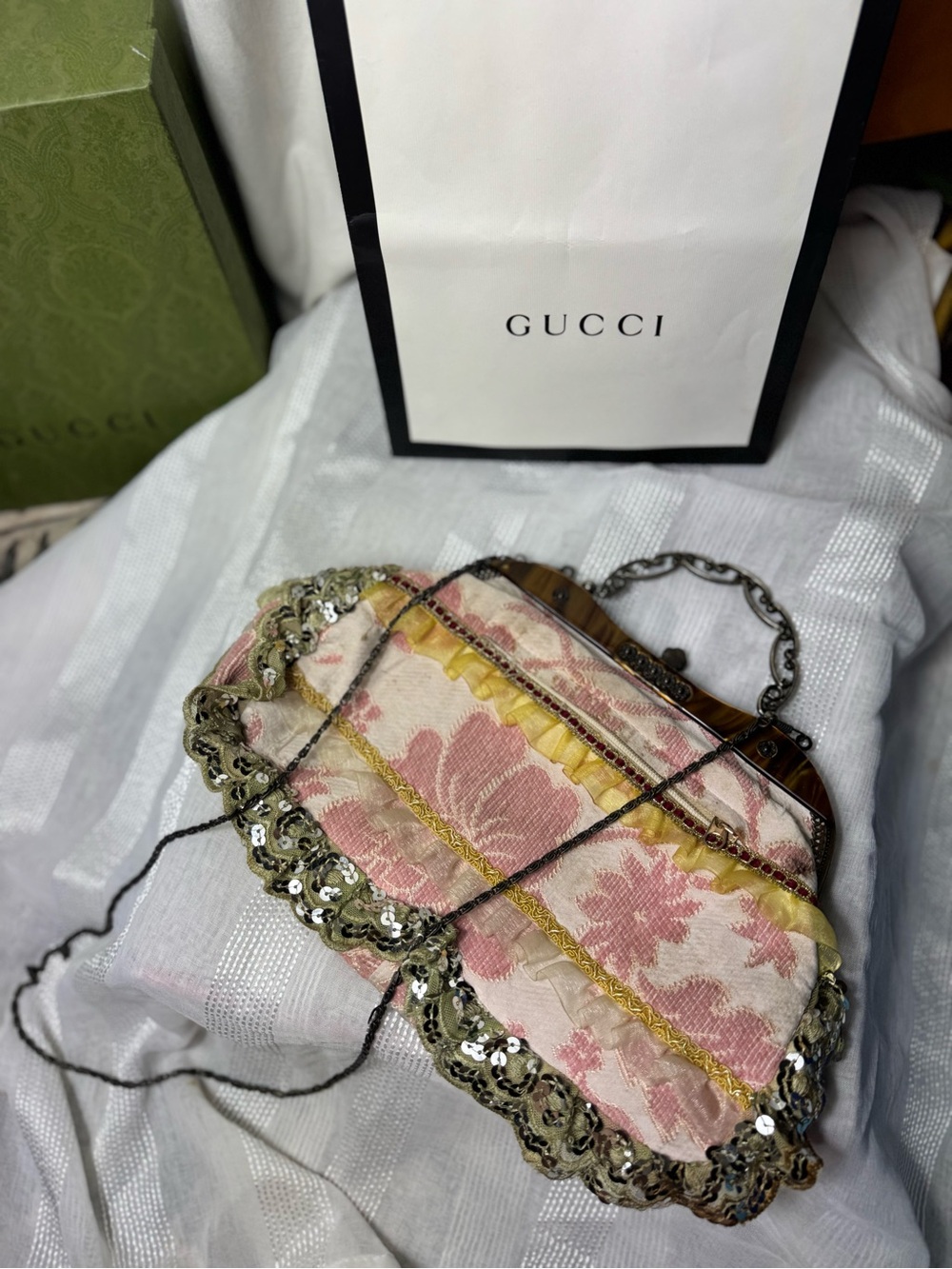 Vintage Pink & Cream Floral Embellished Evening Bag sequins Rose Chain